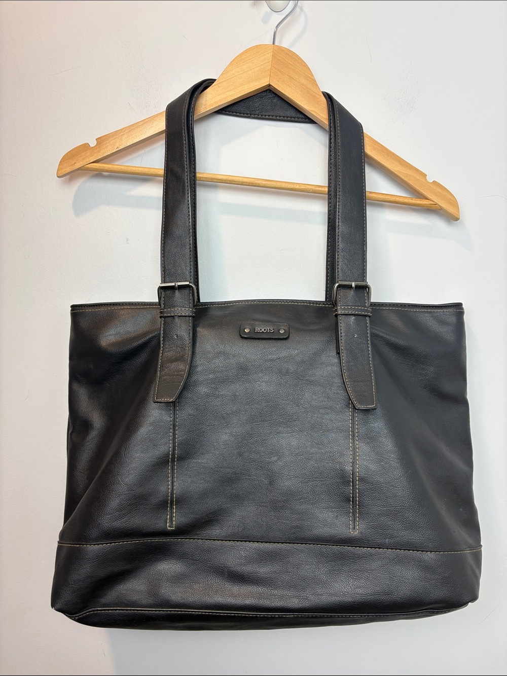 Roots Black Vegan Leather Laptop Tote Bag